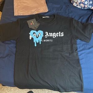 Palm Angels Black T-Shirt with Blue Heart